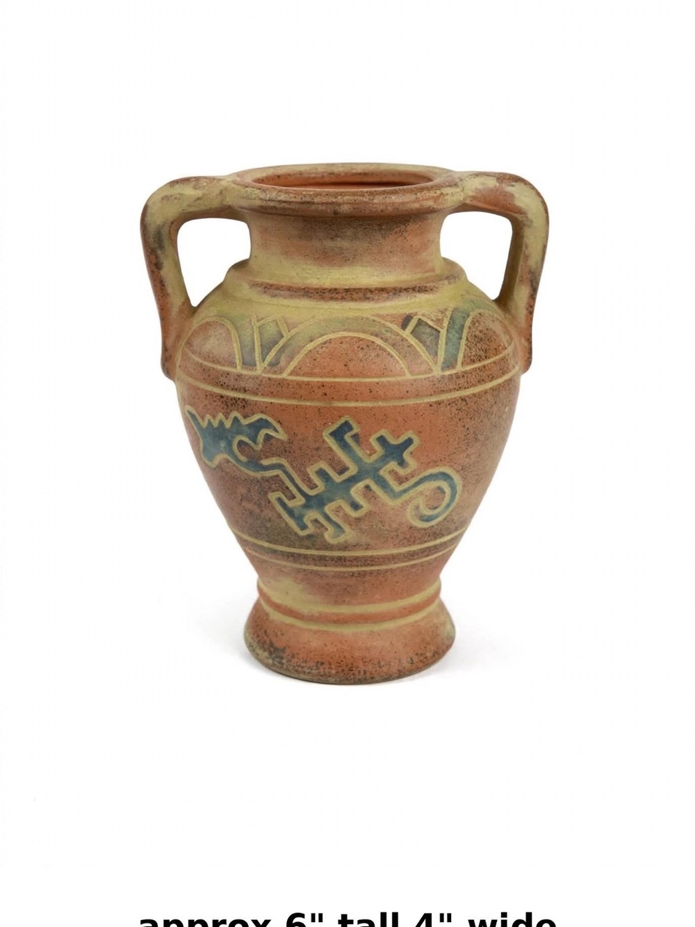 Source Unknown Terracotta Two-Handled Vase in Rust Red and Pale Green